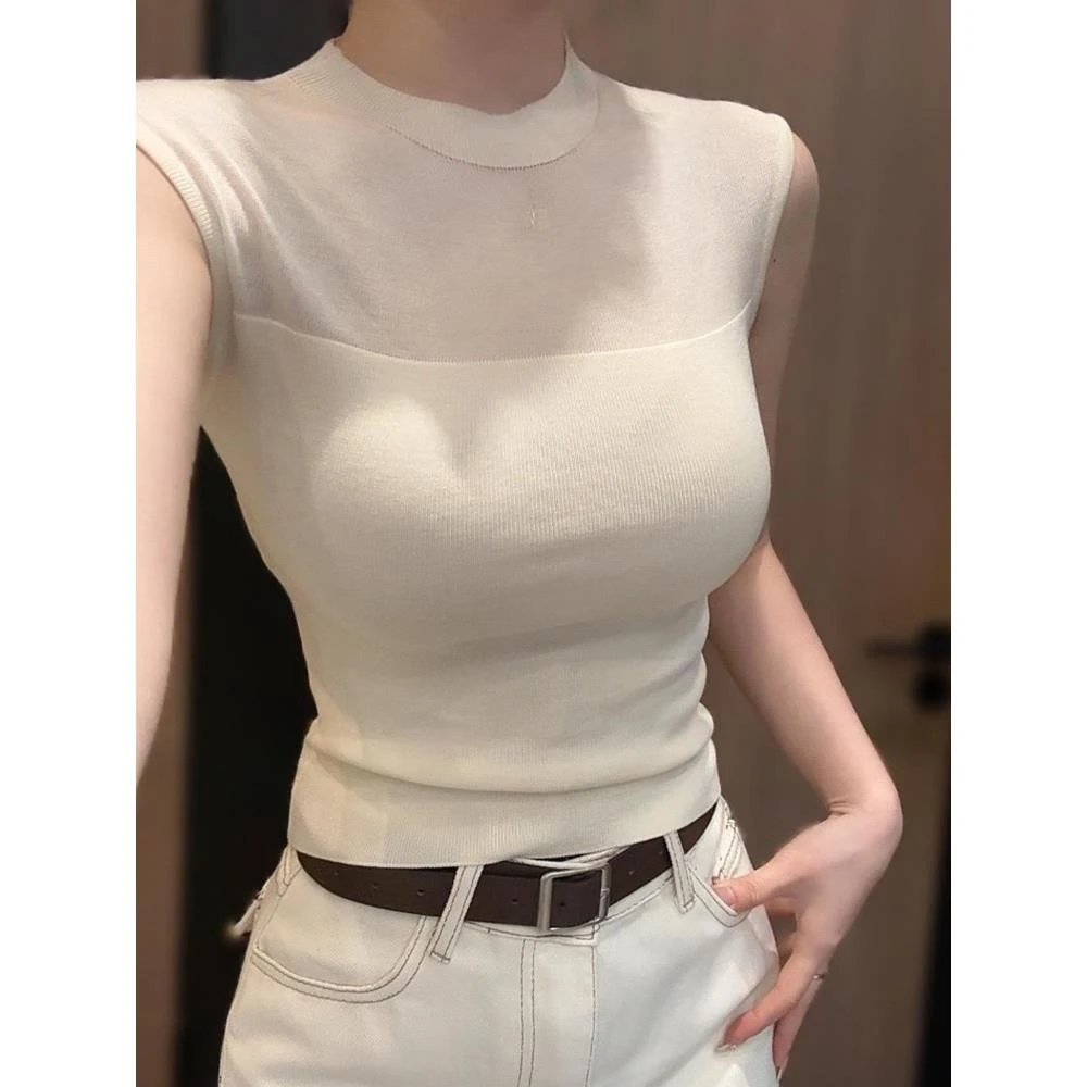 法式纯欲风无袖拼接针织衫女春夏高级感别致小众修身显瘦短款上衣