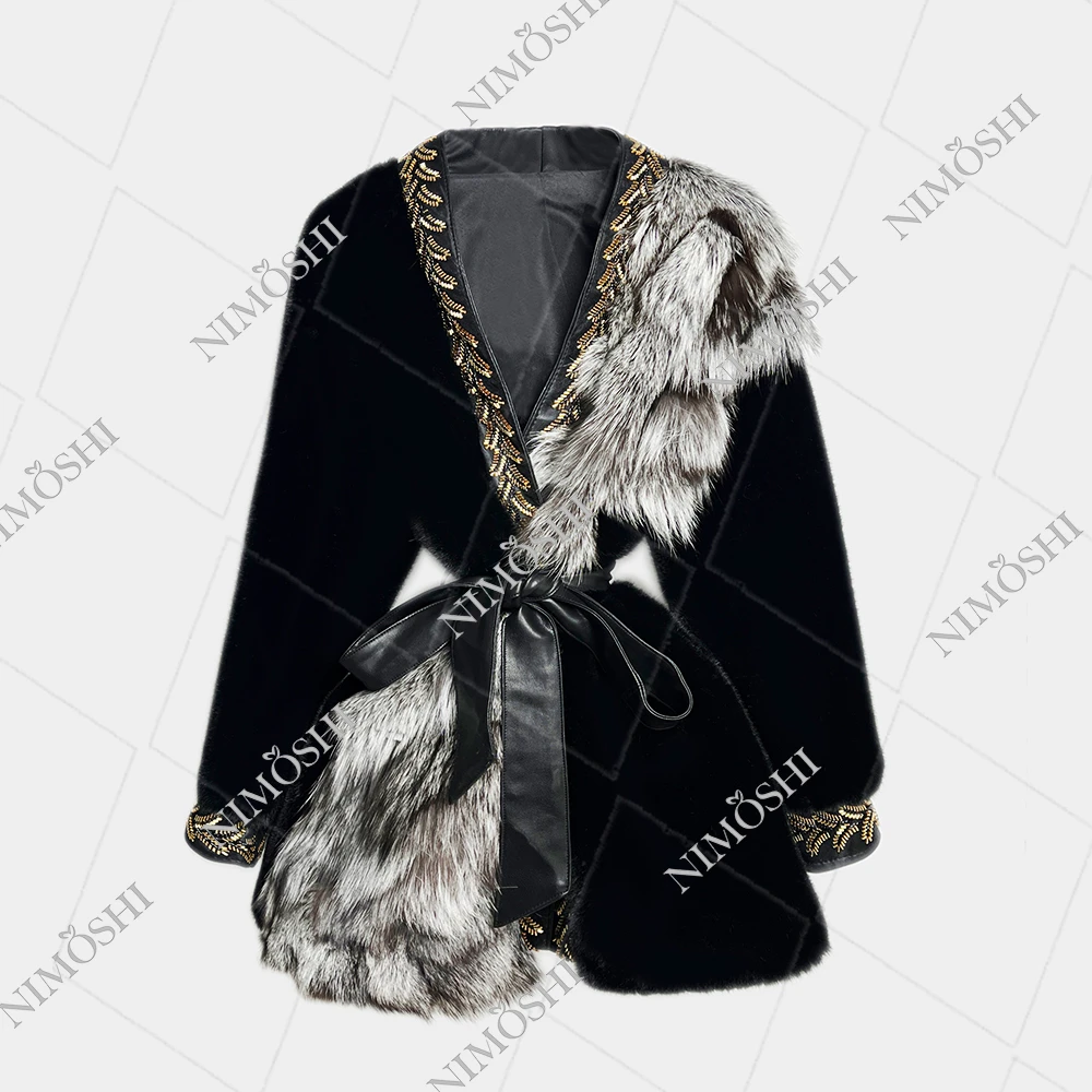 人造皮草 NIMðSHI【达妮】欧式中长款皮毛拼接束腰女外套百搭L5110