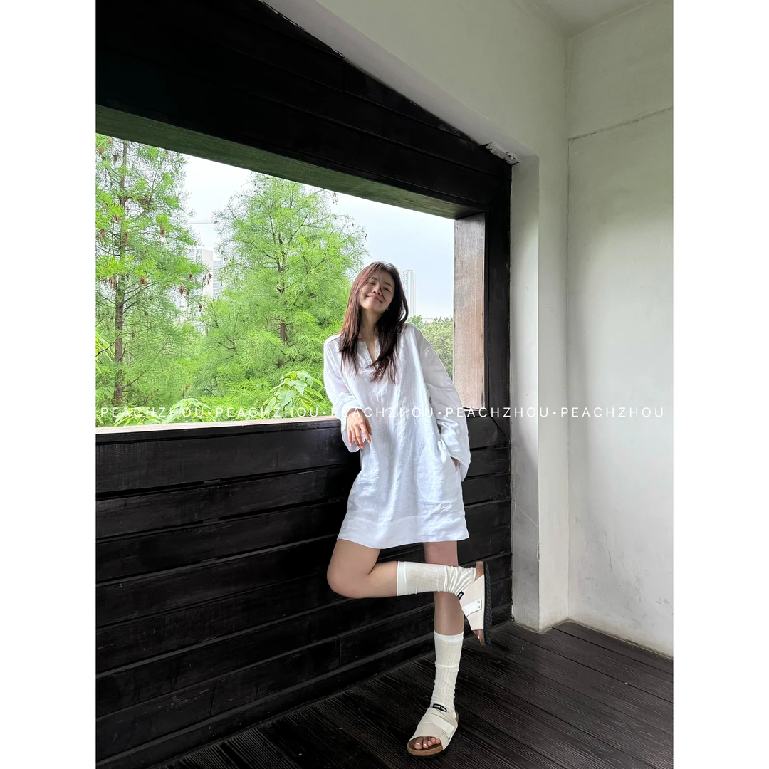『PEACHZHOU』100亚麻毛边半开V领宽松阔版长袖休闲松驰中长款衬衫