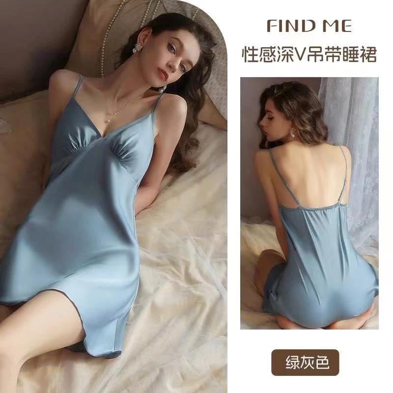 仿真丝夏季薄款吊带带胸垫睡裙女露背性感睡衣凉感家居服639