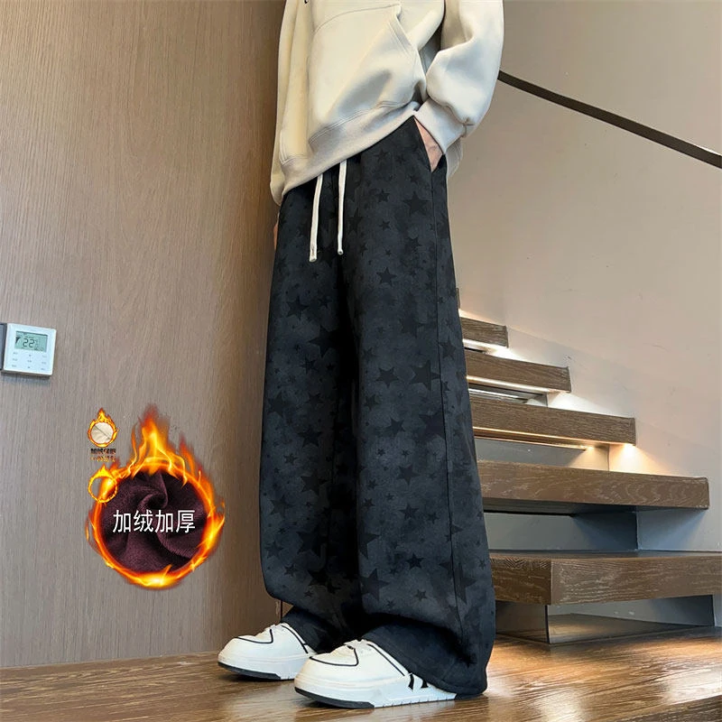 印花休闲裤男女星星加绒街头灰色高中生秋冬男士卫裤五角星直筒裤