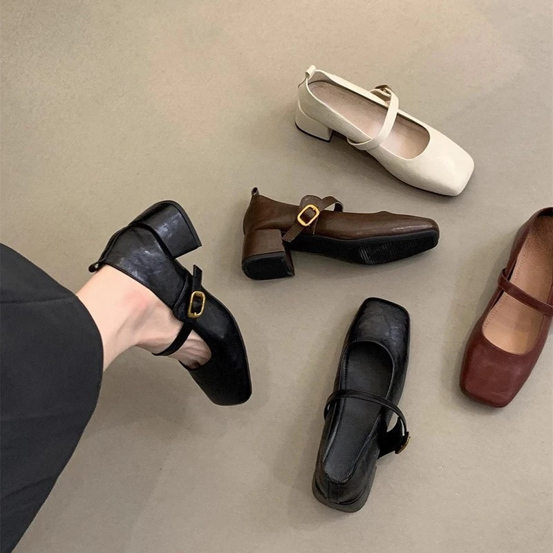 法式复古方头浅口单鞋女中跟春秋款晚风气质仙女粗跟玛丽珍小皮鞋