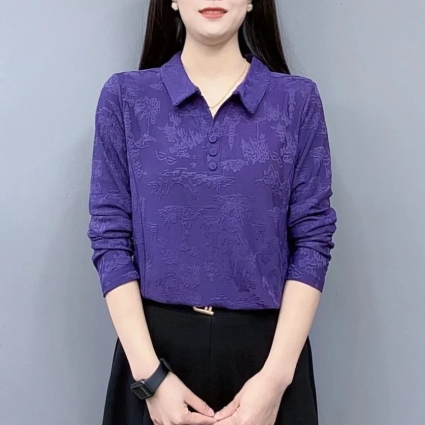 新款中老年妈妈翻领遮肉显瘦百搭洋气弹力提花套头减龄打底衫上衣