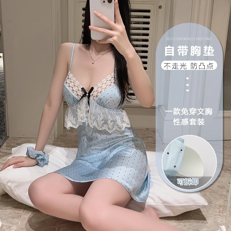 冰丝性感美背拼接蕾丝蝴蝶结加胸垫吊带睡衣2025新款女式纯欲睡裙