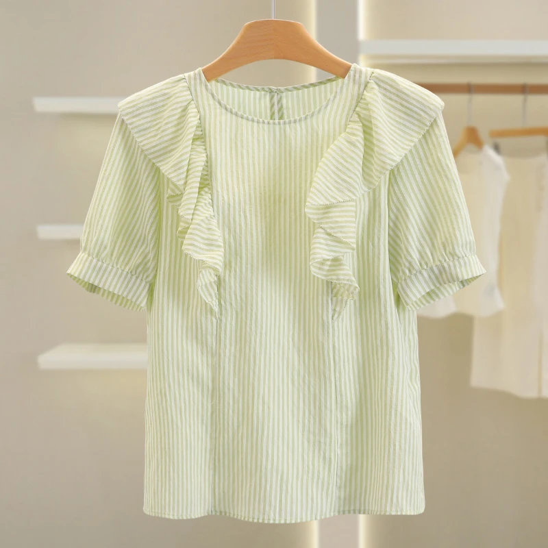 【香香上身款】荷叶边条纹宽松圆领短袖衬衫#YZQ56S014