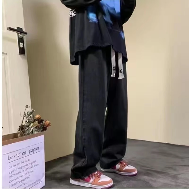 港风潮男夏季新款2025个性字母牛仔裤嘻哈ins潮高街潮流痞帅长裤