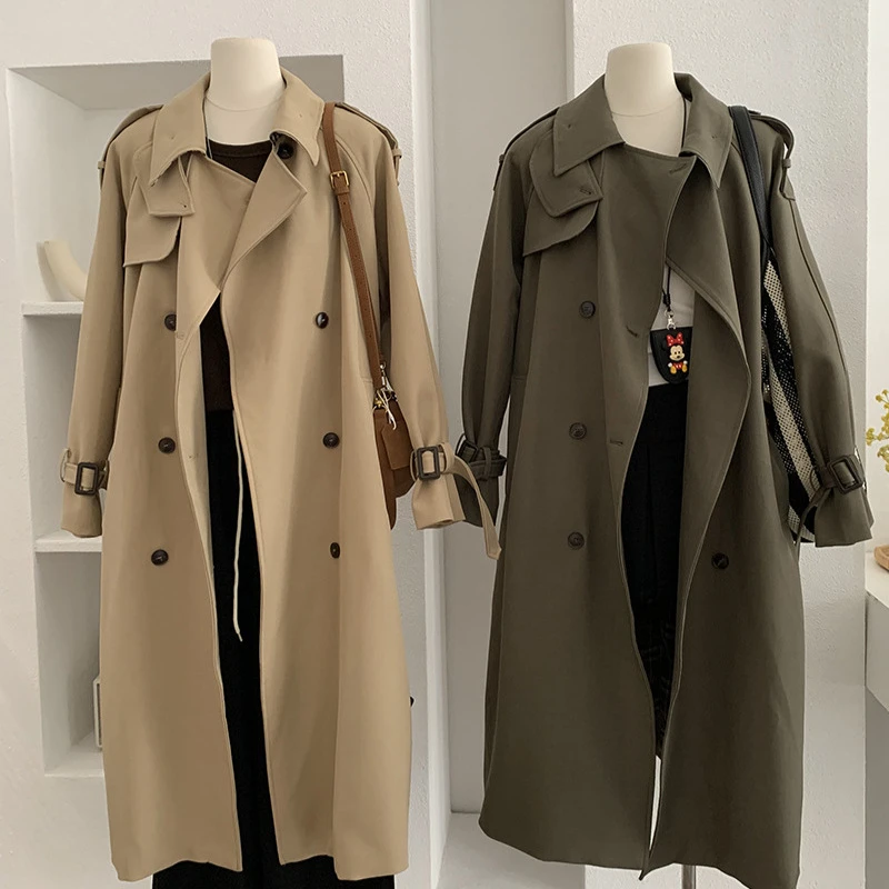 欧玛莱 中长款风衣外套秋季新款韩系港风双排扣翻领长袖上衣4719