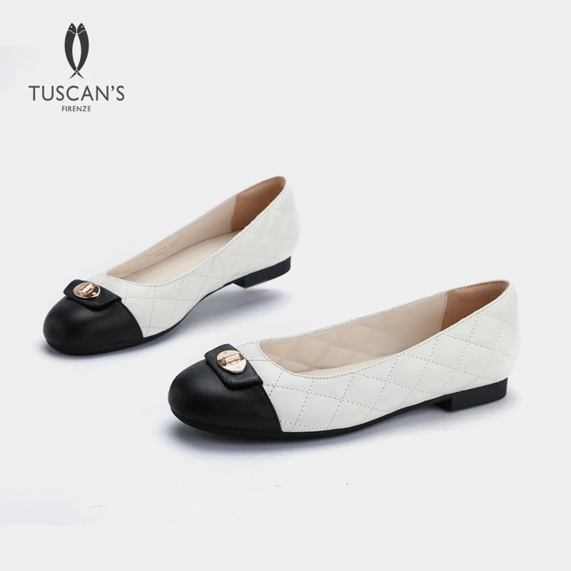 TUSCAN'S新品气质小香风拼色真皮女款圆头粗跟浅口单鞋时代集团