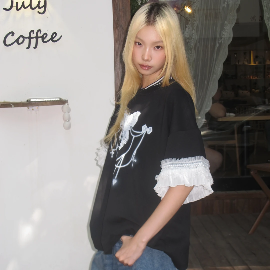 449蝴蝶结锁链印花蕾丝女士宽松短袖T恤半袖蕾丝春夏小众蝴蝶结