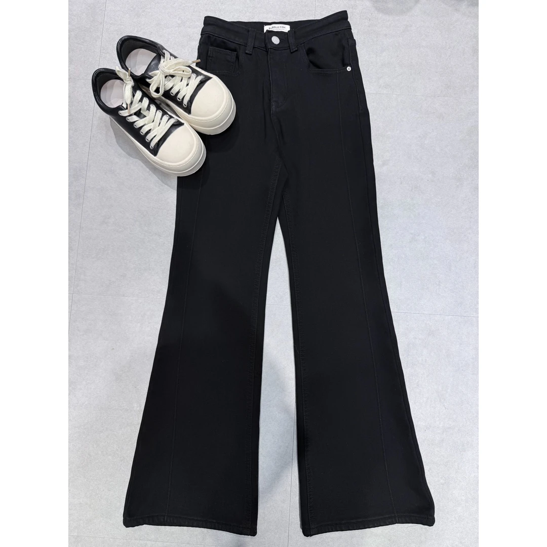 W5616王仙女「加绒加厚明线黑色牛仔裤」垂感微喇牛仔裤