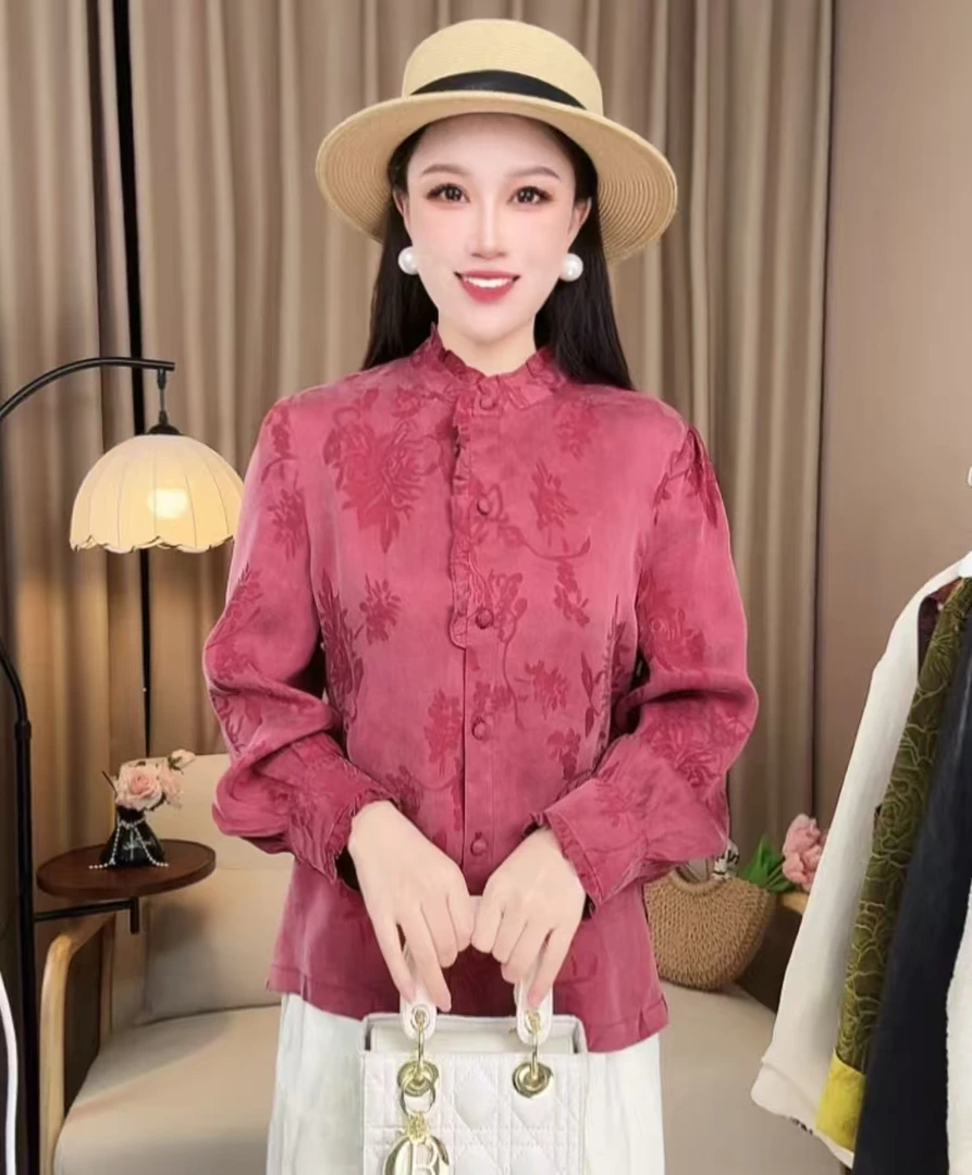 117重工砂洗树莓粉色提花木耳边衬衣