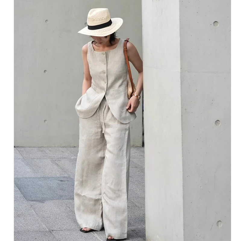 时尚老钱风亚麻套装女夏季气质通勤显瘦无袖马甲阔腿裤休闲两件套