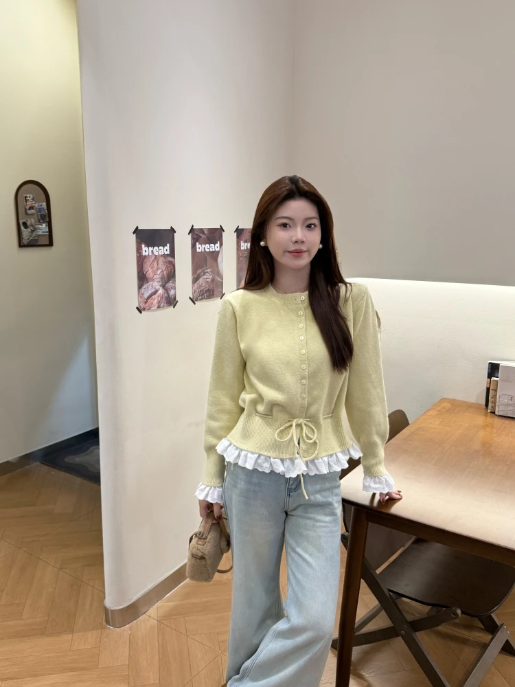 秋冬新款韩系修身收腰蕾丝边针织衫高级设计感慵懒风开衫软糯外套