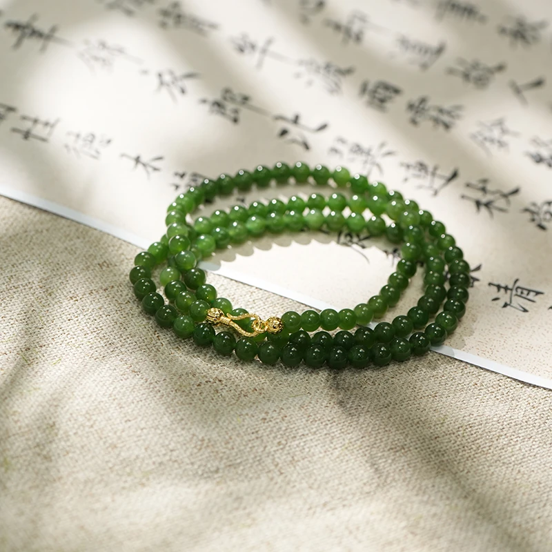 【鑫浩矿业】新疆和田玉-碧玉108卡6mm素链项链一条