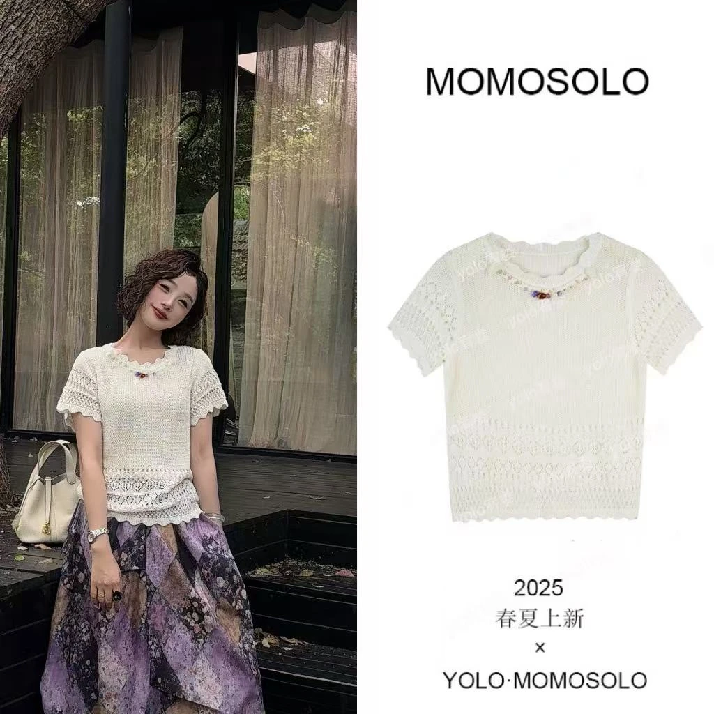 YOLO清仓专属•梨月白•2025夏新莱赛尔亚麻钩花宽松袖针织衫MM603