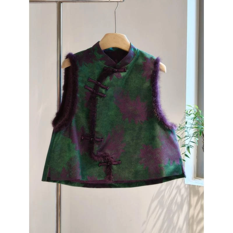 新中式复古国风拼接毛边夹棉马甲2025秋冬新款高级感复古盘扣背心