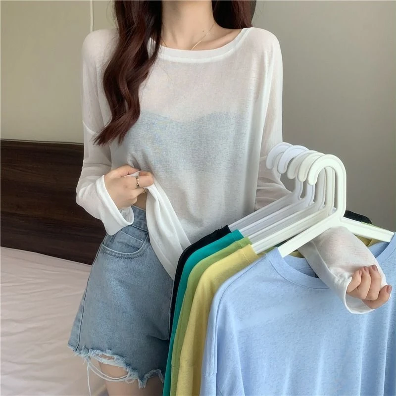 2025春夏季新款百搭纯色时尚显瘦宽松圆领长袖冰丝防晒T恤打底