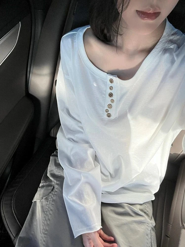 夏季韩系不规则扣子宽松长袖白色薄款防晒罩衫t恤女早秋慵懒上衣
