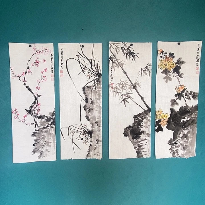 国画手绘花鸟四条屏
