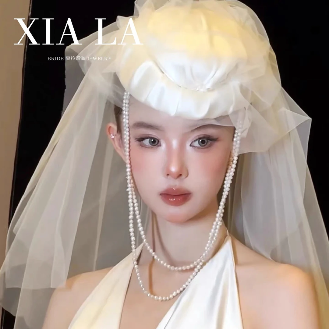 新款法式复古珍珠网纱礼帽新娘婚纱礼服造型影楼拍照道具配饰