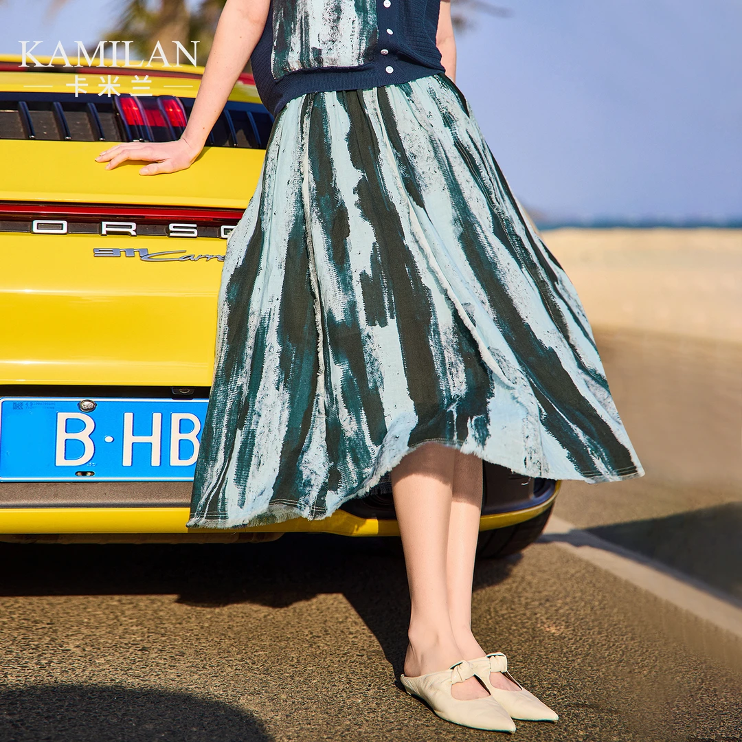 卡米兰别致独特好看扎染a字半身裙女2025夏新款不规则高腰中长裙