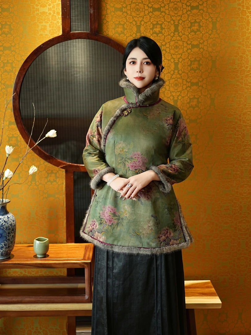 限量款【花香】2024冬季新品元宝领新中式50姆香云纱貂毛棉衣外套