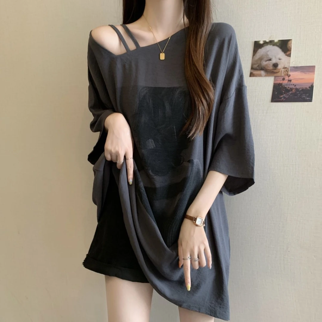 大码印花露肩设计感短袖t恤女夏季2025新款宽松显瘦胖mm长款上衣