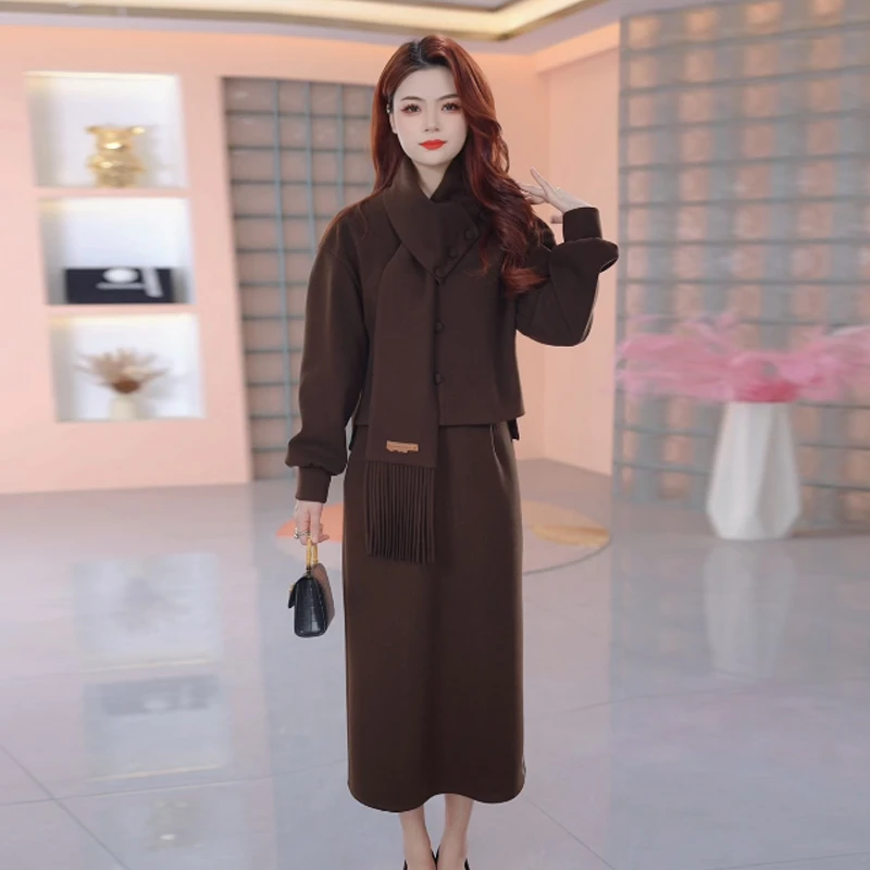 【三件套】春季时尚修身轻奢气质洋气休闲收腰显瘦减龄女装围巾套裙