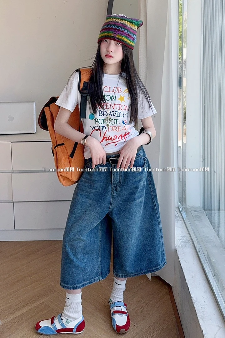 TUANTUAN 2025 新款中大童韩系短袖T恤牛仔中裤夏装时尚