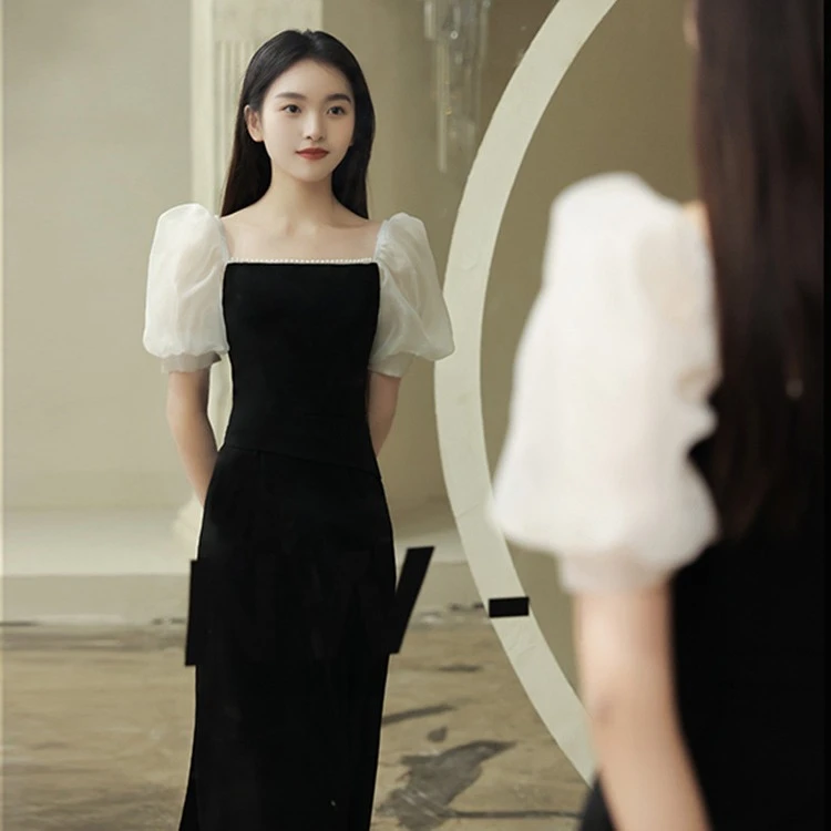 黑色法式2025新款一字肩领证晚礼服裙女宴会气质名媛平时可穿礼服