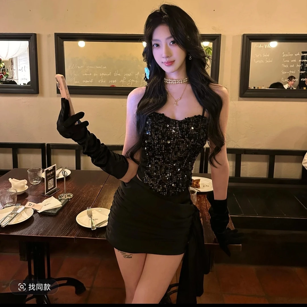 溪溪靓衫黑色荆棘新款辣妹风显瘦重工黑色亮片吊带包臀裙女款套装