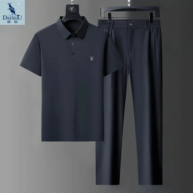 袋鼠男士无痕冰丝套装凉感短袖POLO衫速干直筒时尚休闲父亲节礼物