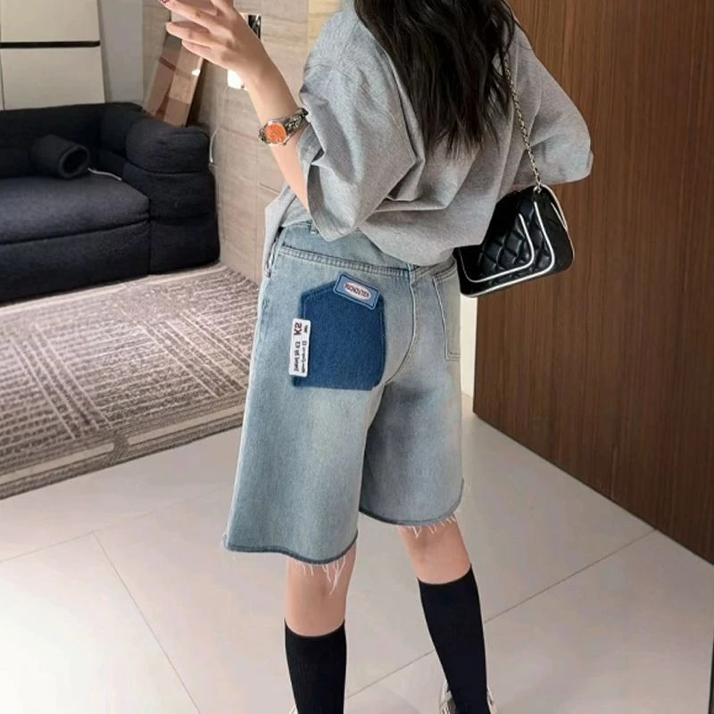 牛仔毛边五分短裤女夏季薄款撞色口袋大码美式梨形身材高腰中裤子