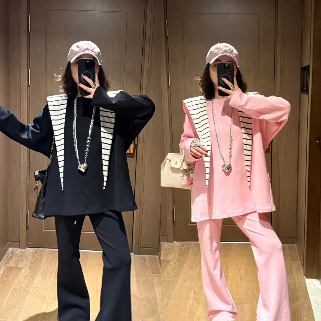 YDFSTUDIO小众【休闲日记】欧货高品条纹披肩连帽设计上衣+裤子套装