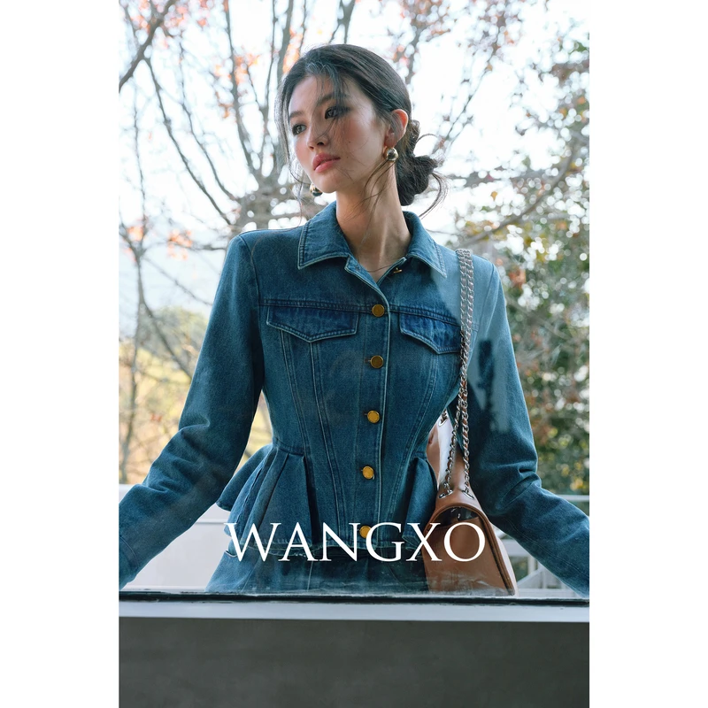 WANGXO 设计感荷叶摆高级复古牛仔套装 2401506W