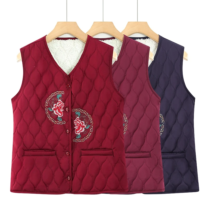 中老年人马甲女秋冬款奶奶绣花无袖背心妈妈加绒加厚坎肩保暖外套