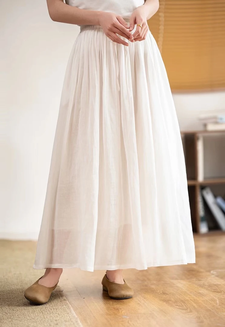 【半身裙】2025新品苎麻纯色文艺高腰女装大摆半身裙
