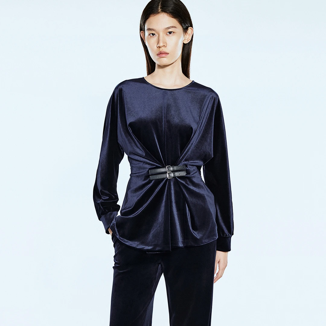 COVERINS2025春季收腰设计感气质长袖连肩袖丝绒上衣CC35170300