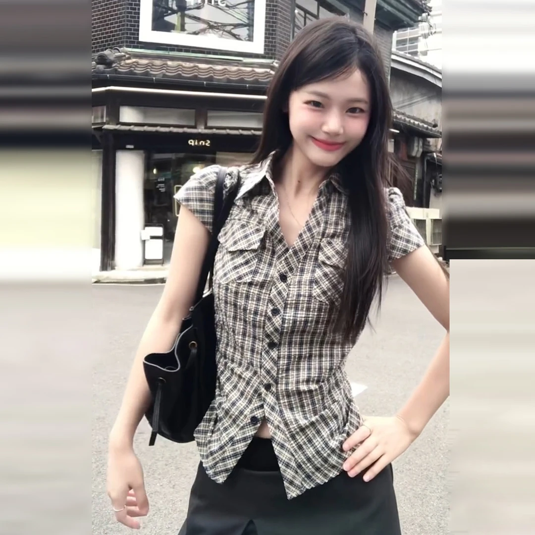 美式复古格子短袖衬衫女夏2025新款掐腰气质衬衣修身显瘦辣妹上衣