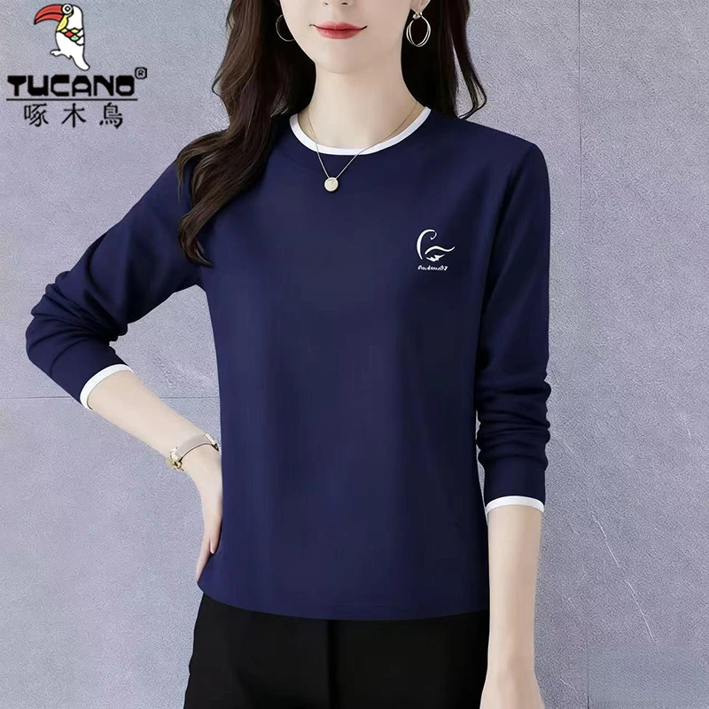 啄木鸟纯棉长袖t恤女打底衫秋冬内搭可外穿新款高端洋气正肩上衣
