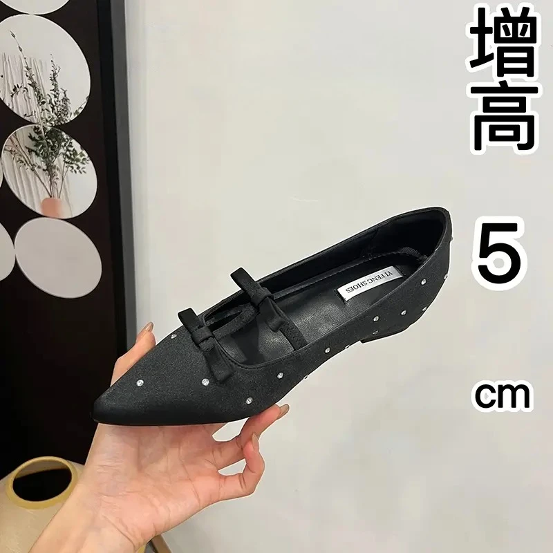 羊皮版～5cm内增高欧若风小众轻奢平底鞋新款浅口尖气质水钻单鞋