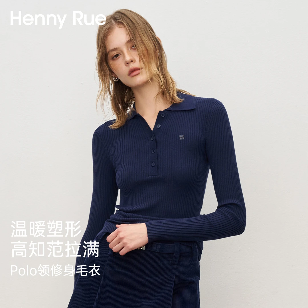 HennyRue时尚休闲百搭坑条POLO亨利领毛衫25591