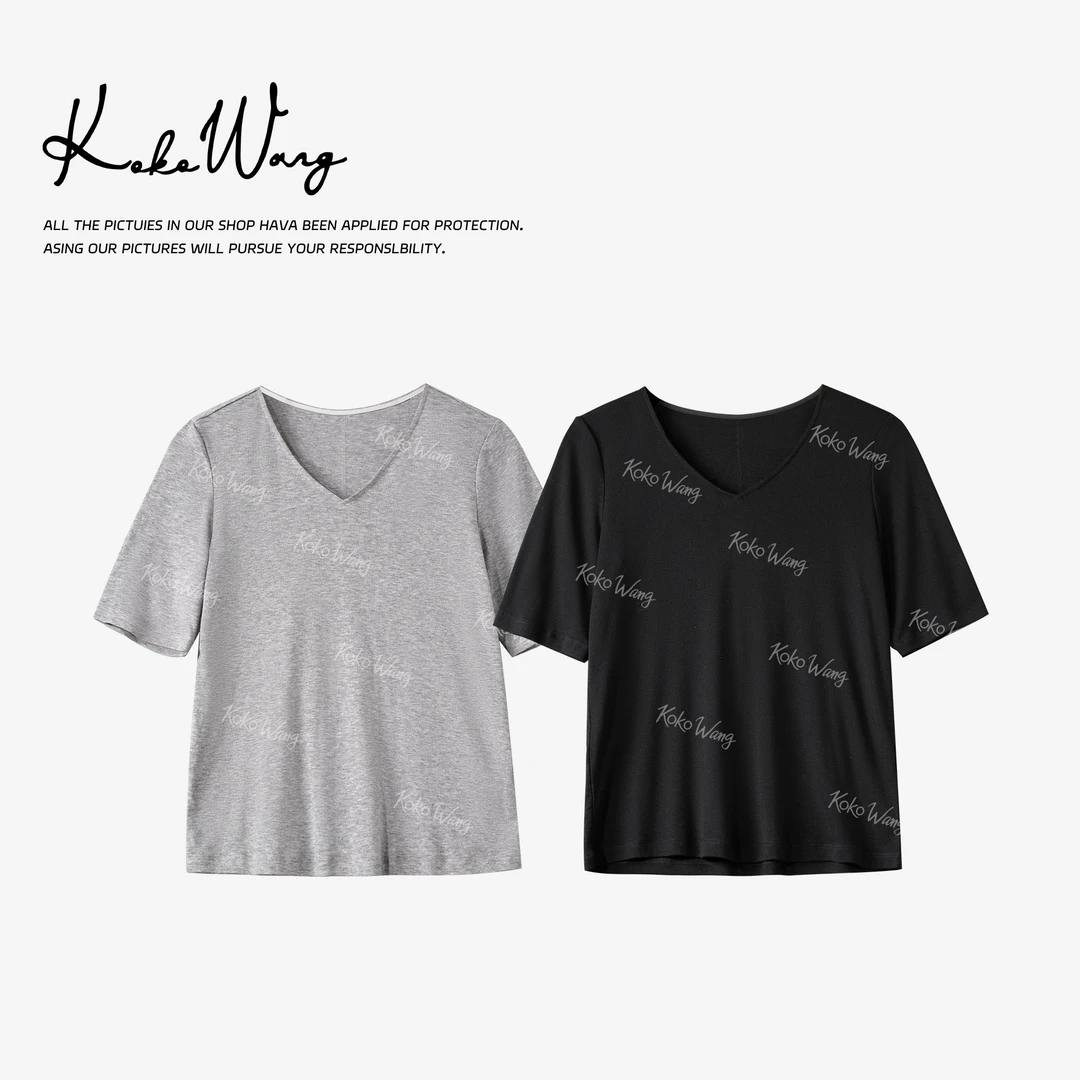 KOKOWANG莱赛尔羊毛短袖V领显瘦套头舒适打底T恤 N1264L11T42-1