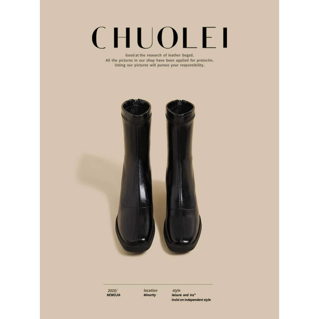 【DR官方正品】洋气靴子！2025秋冬季新款粗跟骑士短靴女黑色高跟单