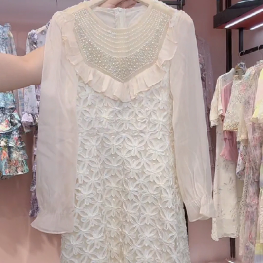 宫廷风杏色印花刺绣连衣裙优雅复古轻奢气质收腰裙子