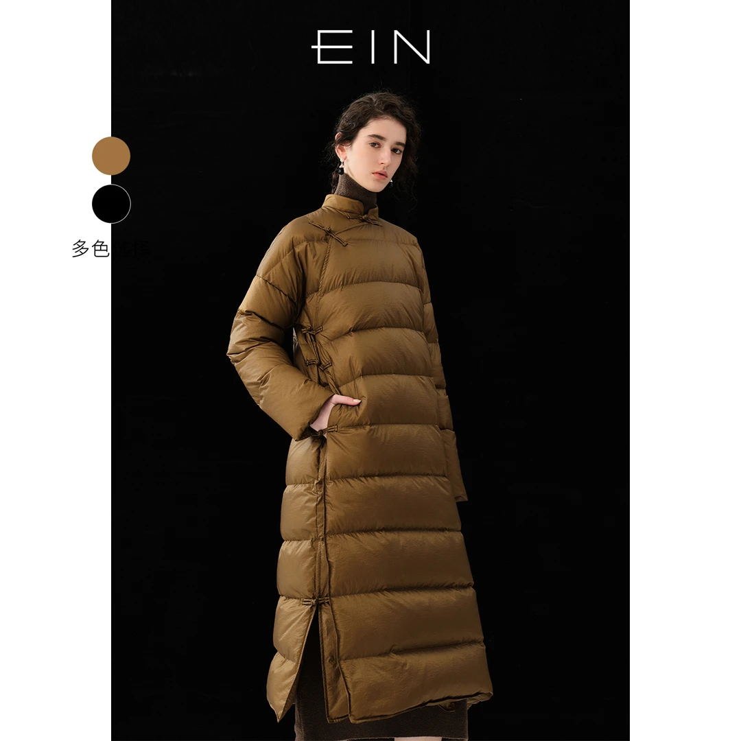 EIN/言白鸭绒保暖新中式盘扣偏襟小立领长款羽绒服女士25冬季新款
