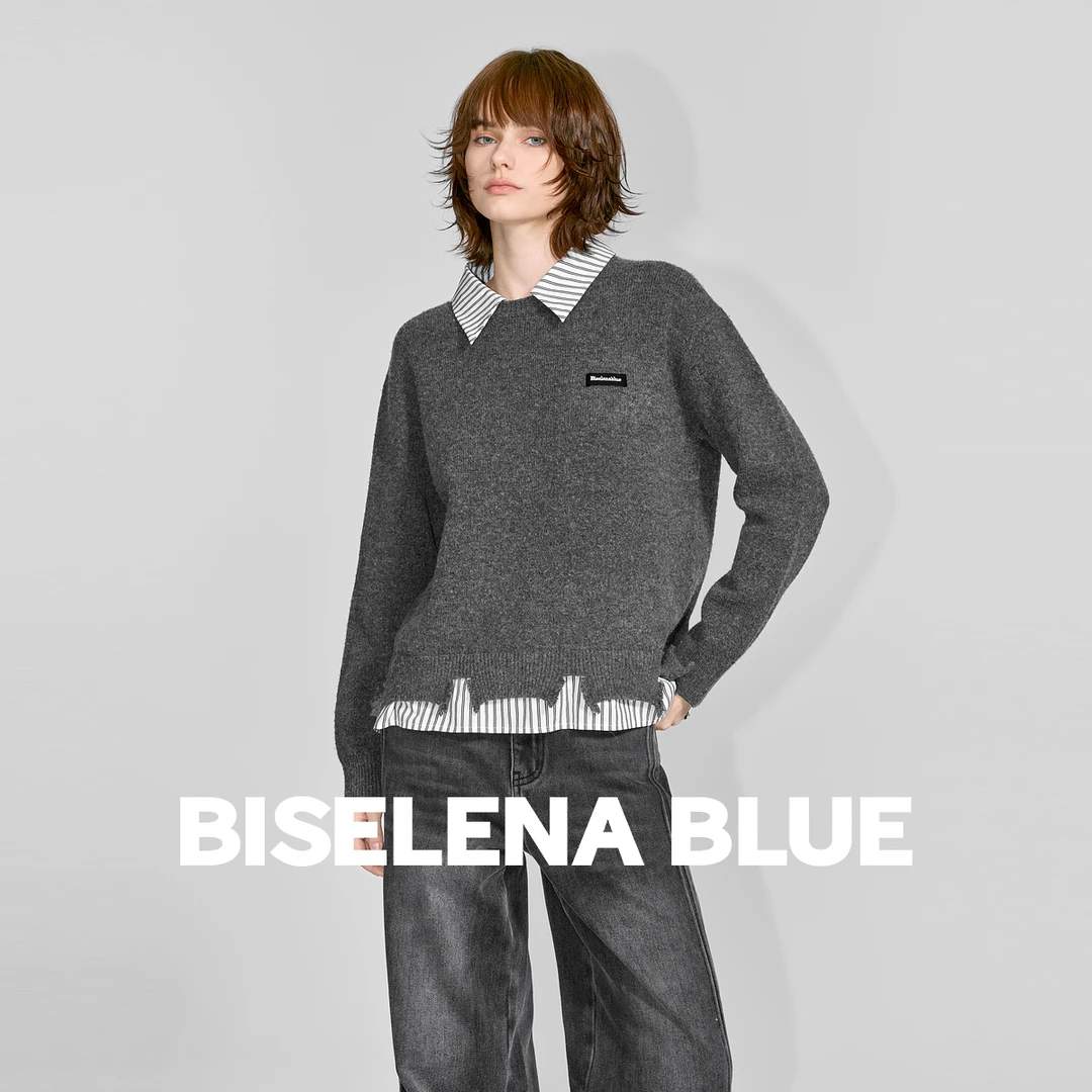 贝茜妮格雷系条纹衬衫领拼接针织衫女士2025年冬季新款假两件上衣