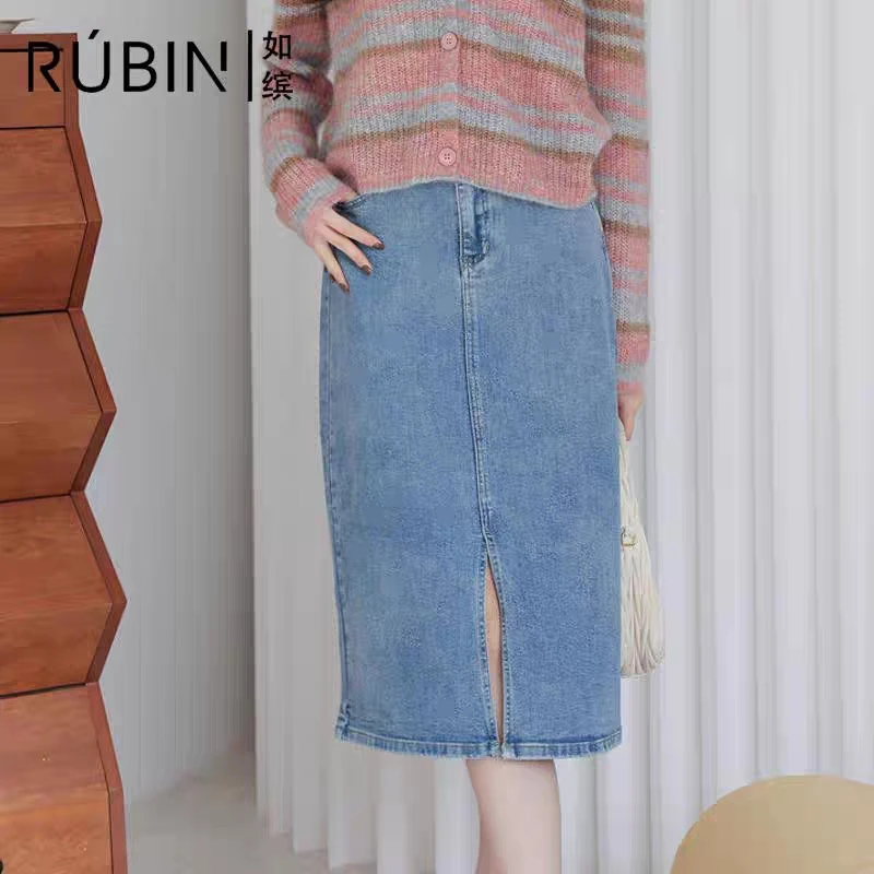 如缤RUBIN2024春季款正品女装纯色直筒开叉牛仔半身裙6L13Q63962