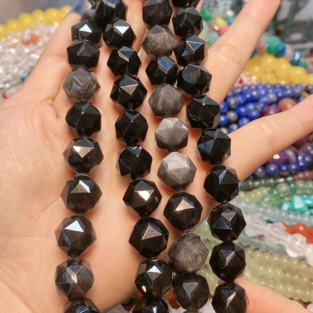 玛瑙/玉髓散珠天然银曜万切面一条14mm