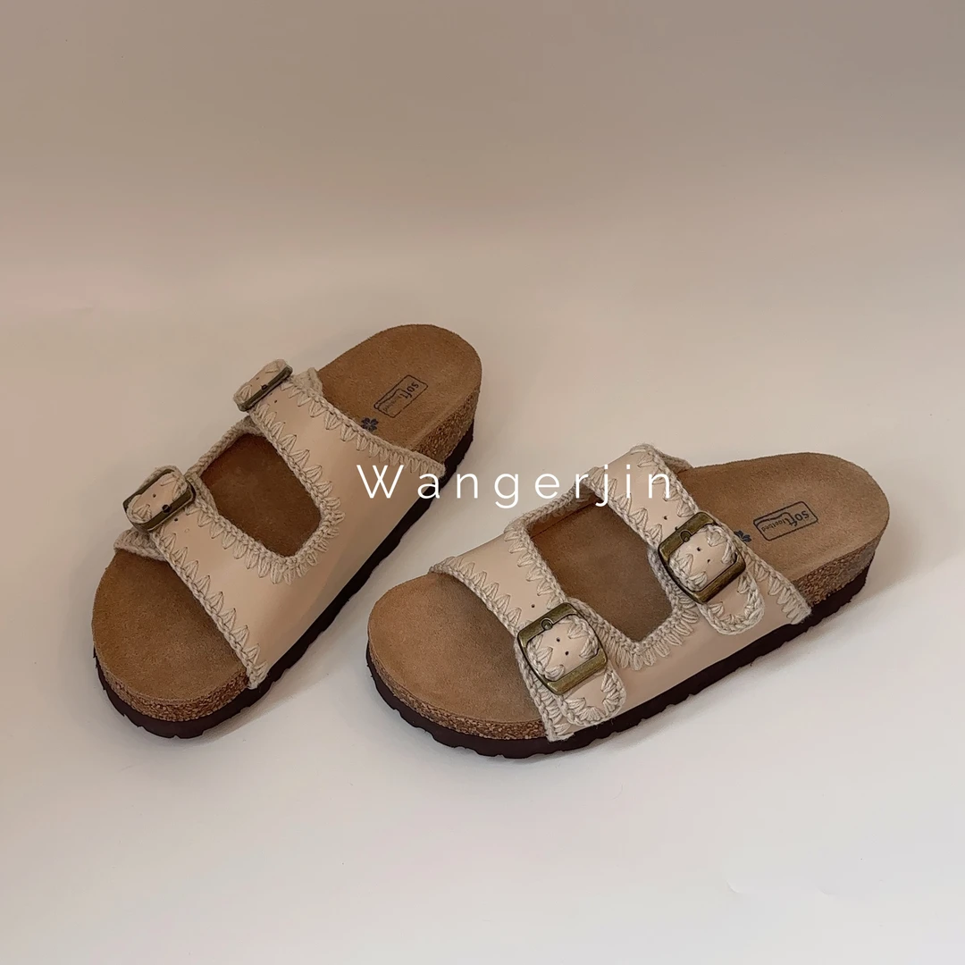 【六呈六】牛皮/4.5CM/博肯厚底增高时尚休闲一字带露趾外穿凉拖鞋